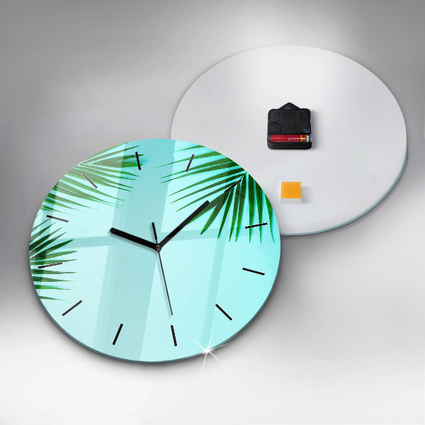 Round glass wall clock Green palm trees