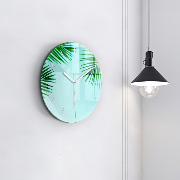 Round glass wall clock Green palm trees