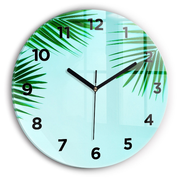 Round glass wall clock Green palm trees