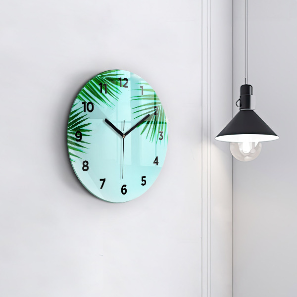 Round glass wall clock Green palm trees