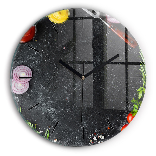 Round glass wall clock Vegetables on the table