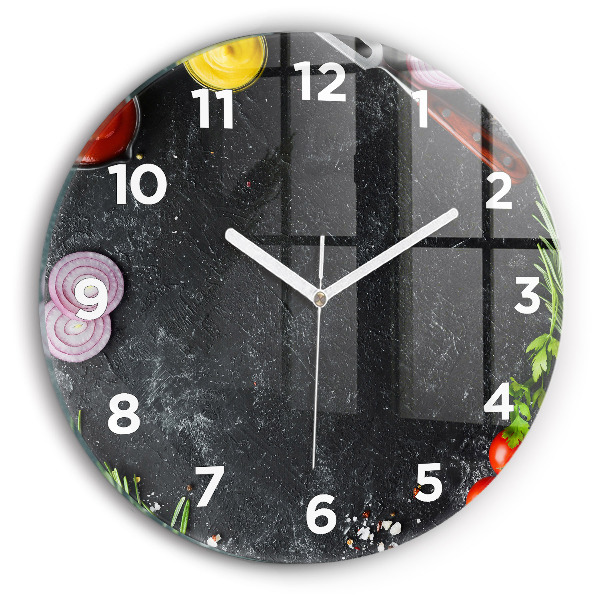 Round glass wall clock Vegetables on the table