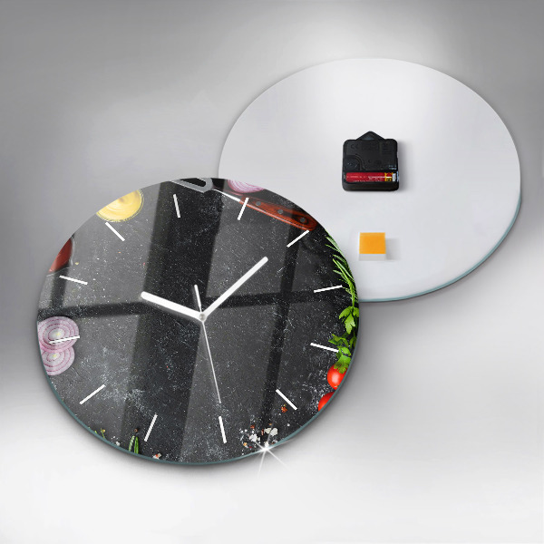 Round glass wall clock Vegetables on the table