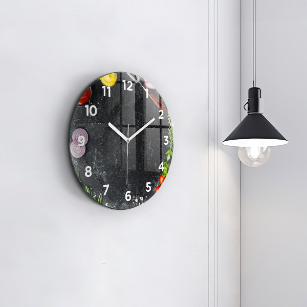 Round glass wall clock Vegetables on the table
