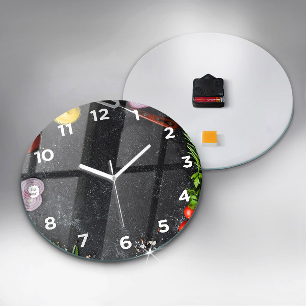 Round glass wall clock Vegetables on the table