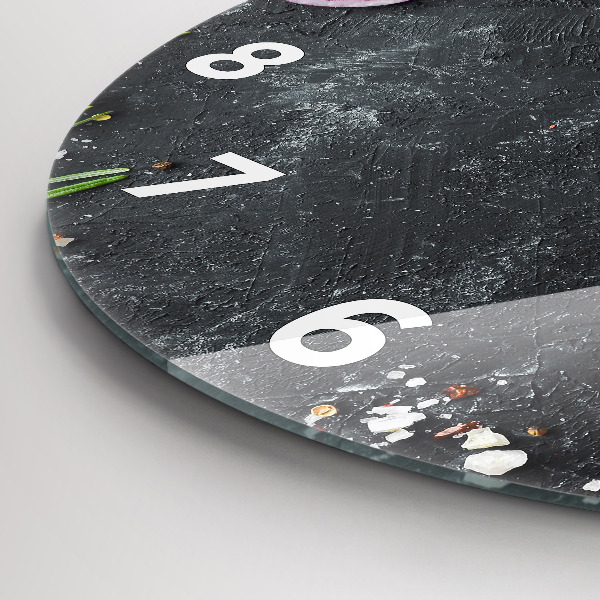 Round glass wall clock Vegetables on the table