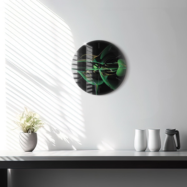 Round glass wall clock Green abstraction