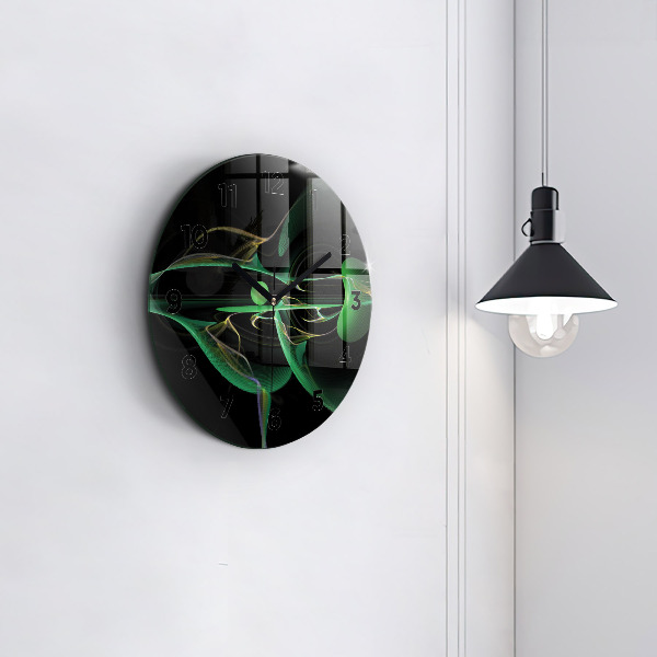 Round glass wall clock Green abstraction