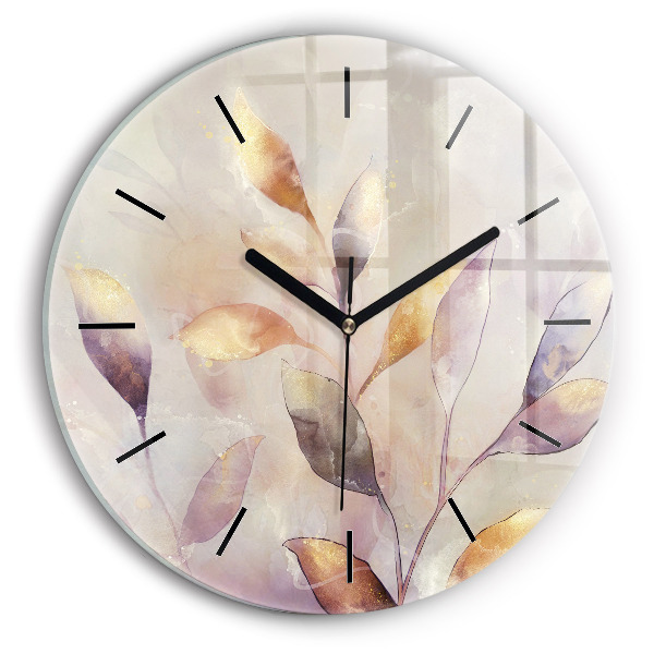 Round glass wall clock Abstract boho leaves