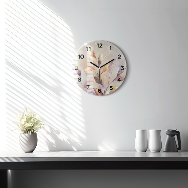 Round glass wall clock Abstract boho leaves