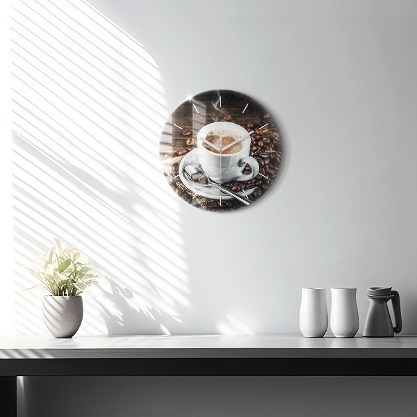 Round glass wall clock Cup and coffee beans