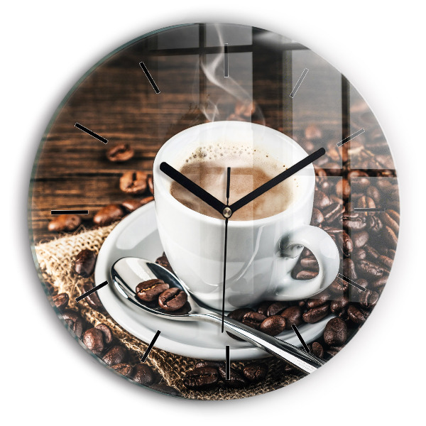 Round glass wall clock Cup and coffee beans