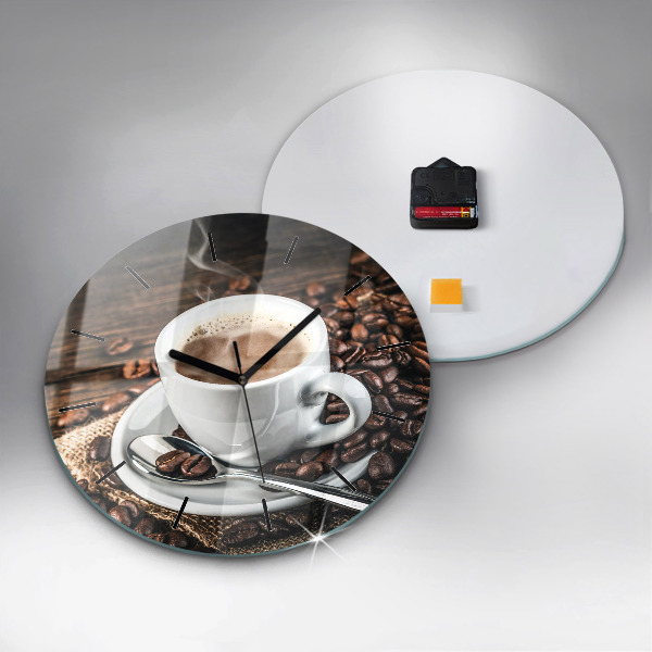 Round glass wall clock Cup and coffee beans