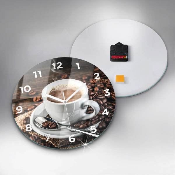 Round glass wall clock Cup and coffee beans
