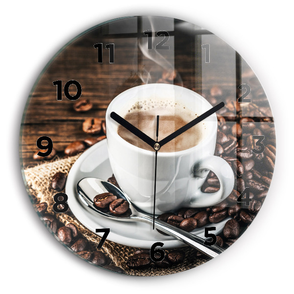 Round glass wall clock Cup and coffee beans
