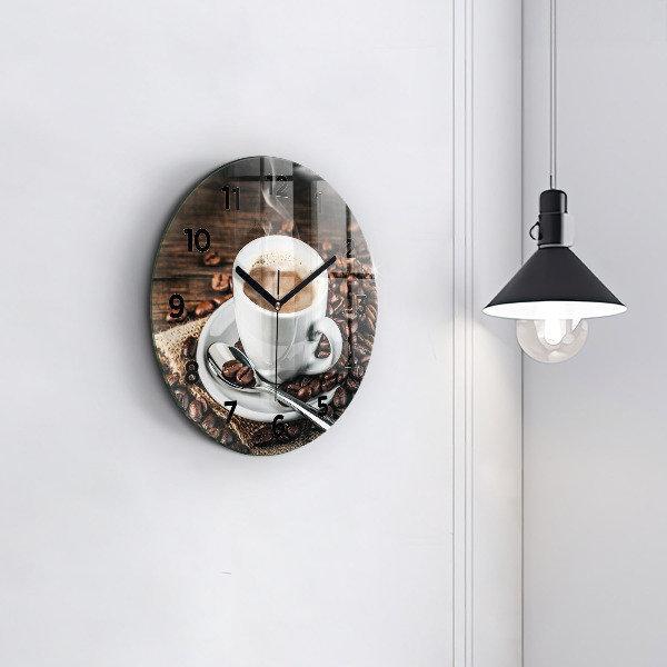 Round glass wall clock Cup and coffee beans