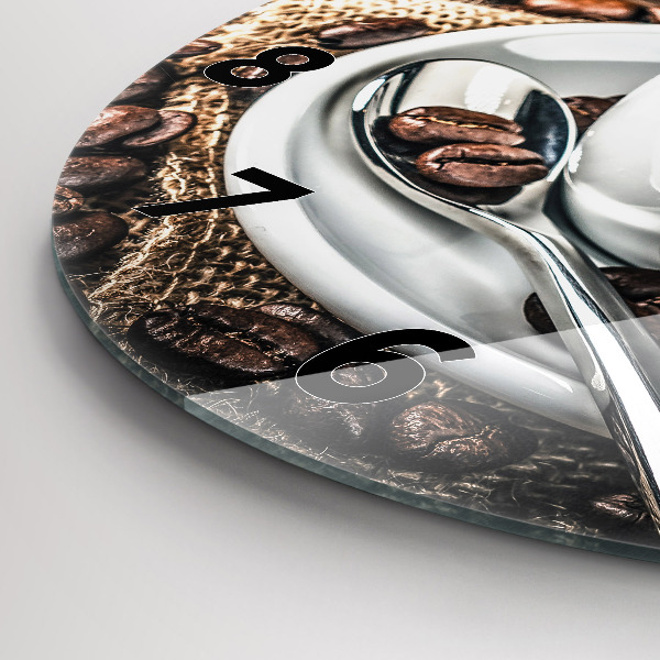 Round glass wall clock Cup and coffee beans