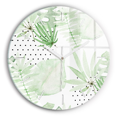 Round glass wall clock Green leaves
