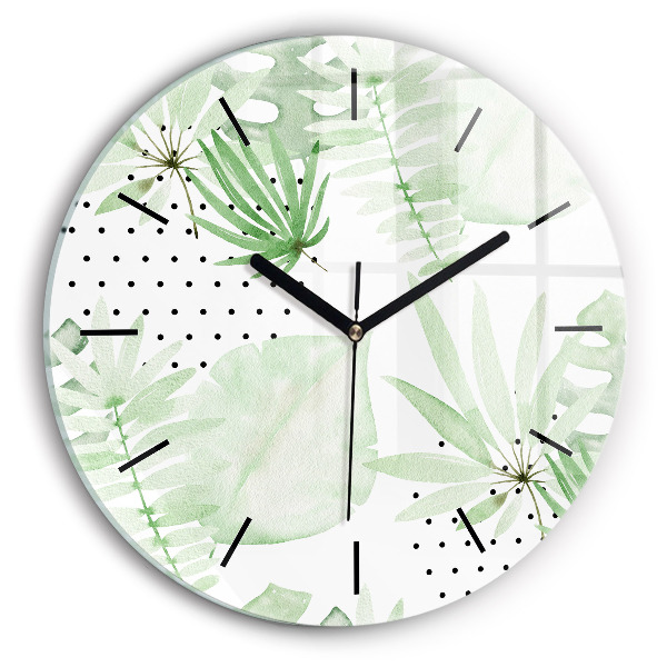 Round glass wall clock Green leaves