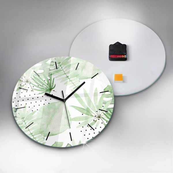 Round glass wall clock Green leaves
