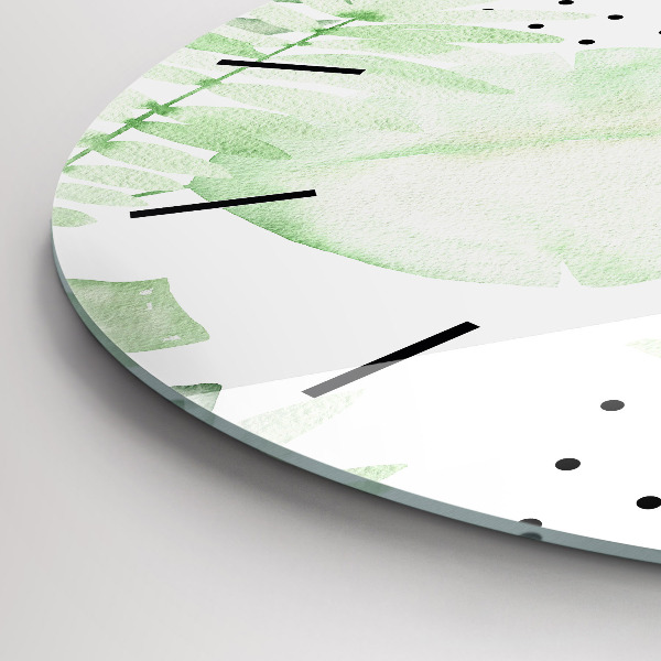Round glass wall clock Green leaves