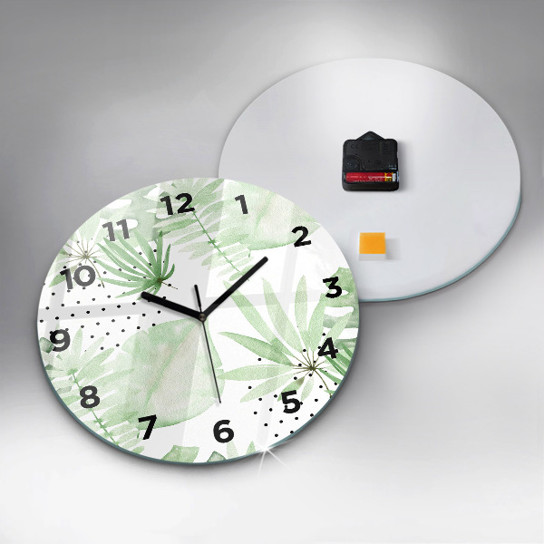 Round glass wall clock Green leaves