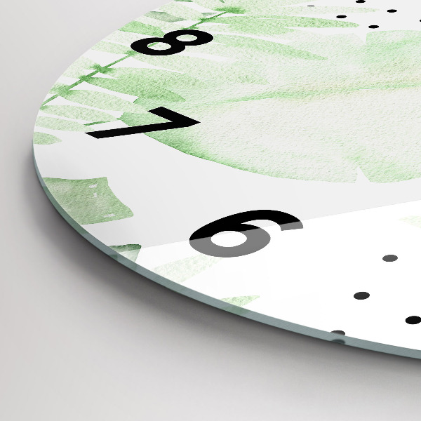 Round glass wall clock Green leaves