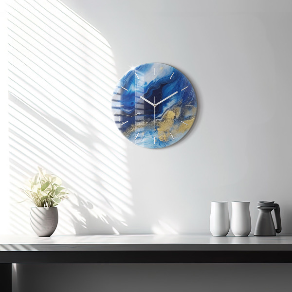 Round glass wall clock Blue marble