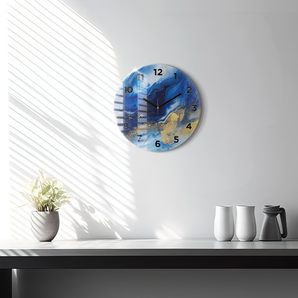 Round glass wall clock Blue marble