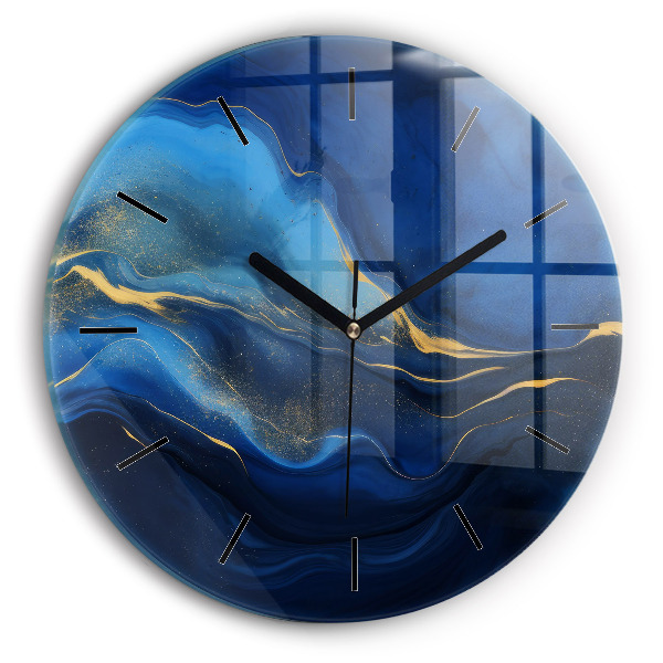 Round glass wall clock Blue marble