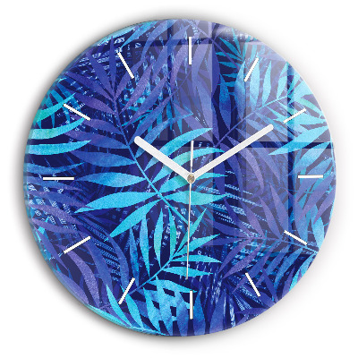 Round glass wall clock Blue leaves