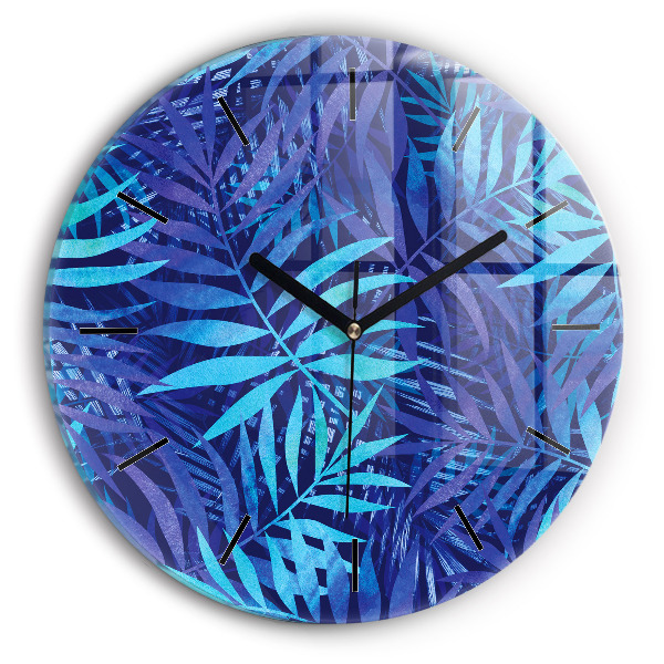 Round glass wall clock Blue leaves