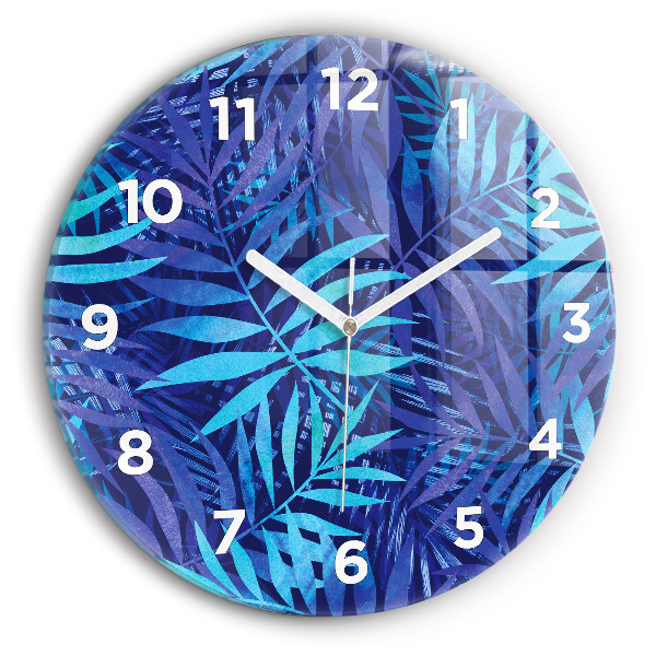 Round glass wall clock Blue leaves