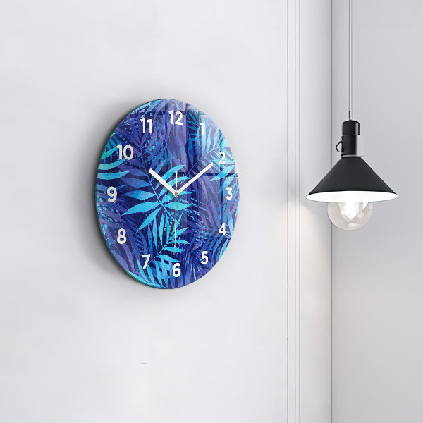 Round glass wall clock Blue leaves