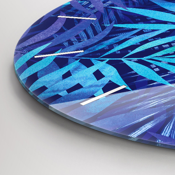 Round glass wall clock Blue leaves