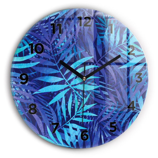 Round glass wall clock Blue leaves