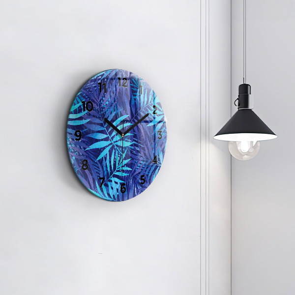 Round glass wall clock Blue leaves