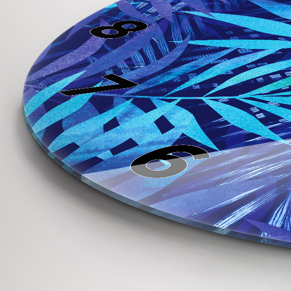 Round glass wall clock Blue leaves