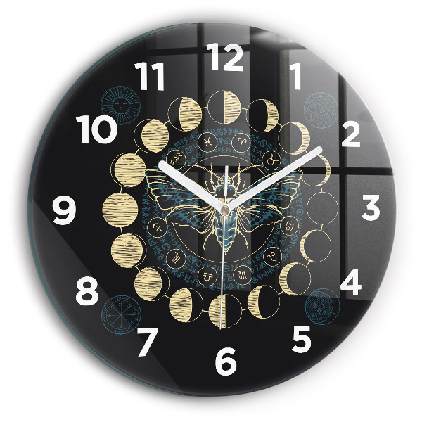 Round glass wall clock Moon Phases and Insect