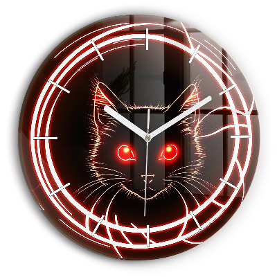 Round glass wall clock Cat with red eyes