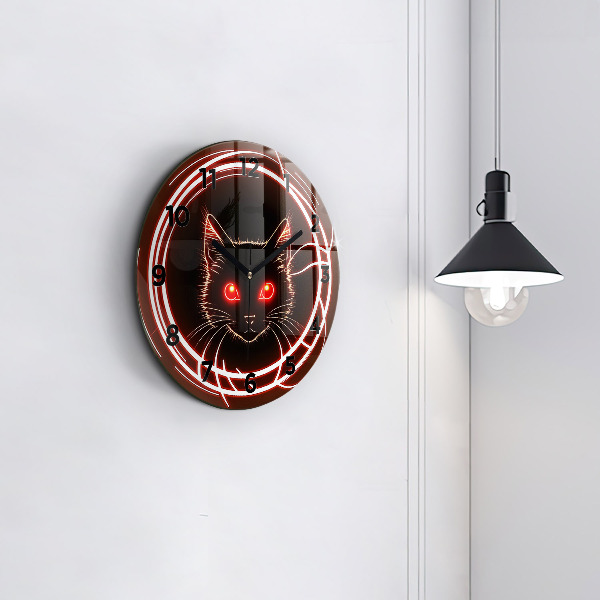 Round glass wall clock Cat with red eyes