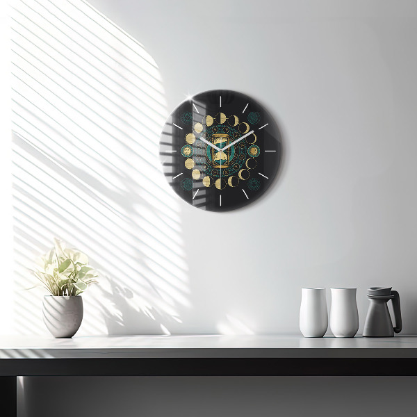 Round glass wall clock Moon phases and hourglass