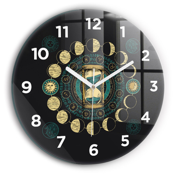 Round glass wall clock Moon phases and hourglass