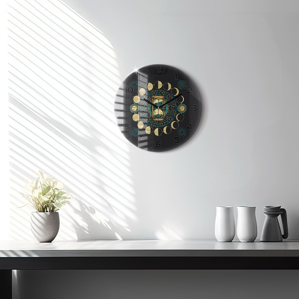 Round glass wall clock Moon phases and hourglass