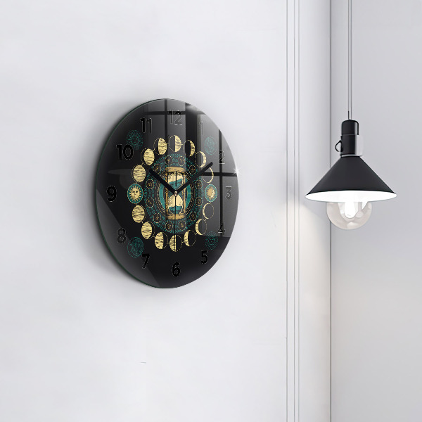 Round glass wall clock Moon phases and hourglass