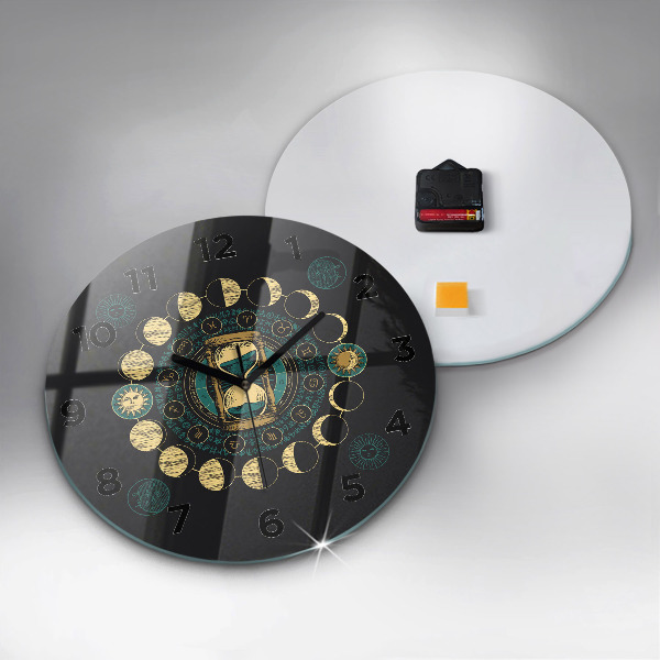 Round glass wall clock Moon phases and hourglass