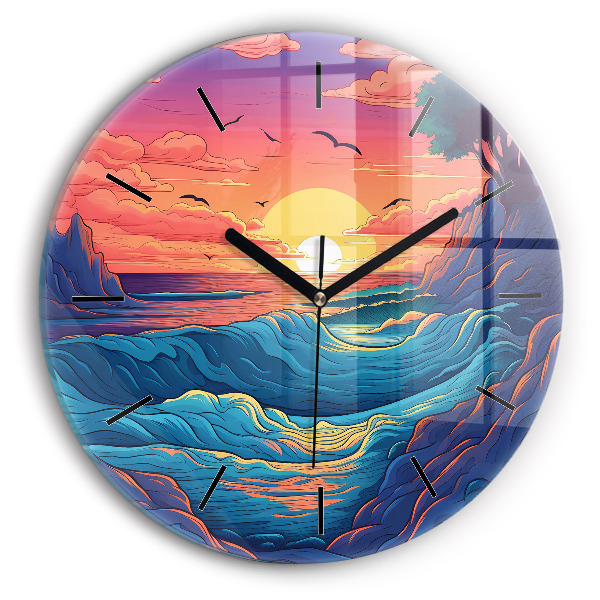 Round glass wall clock Fairytale waves and ocean