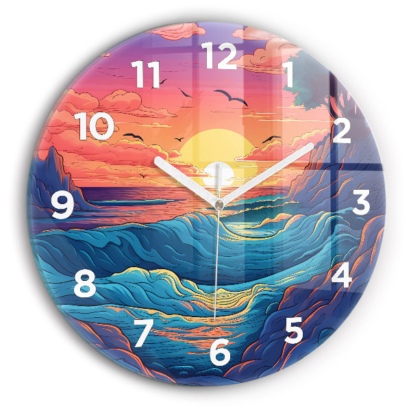 Round glass wall clock Fairytale waves and ocean