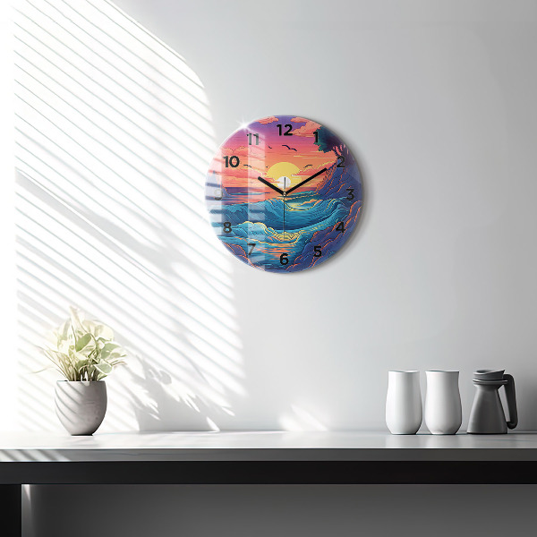 Round glass wall clock Fairytale waves and ocean