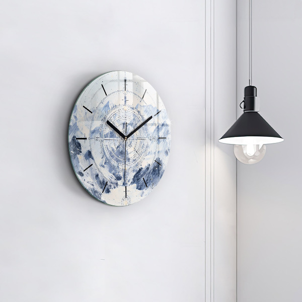 Round glass wall clock Blue drawings
